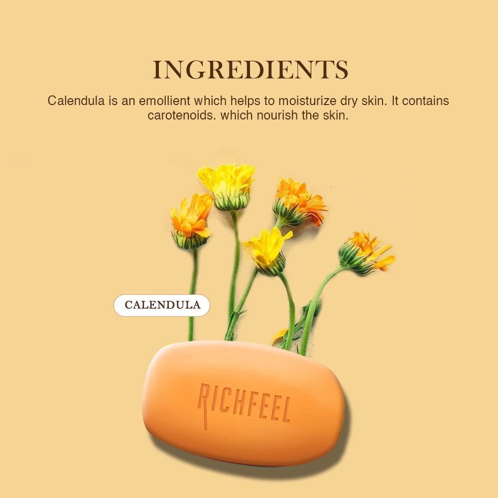 Richfeel Calendula Anti Soap bathing bar, pack of three 75 g bars for anti-acne, soothing, and deep cleansing.