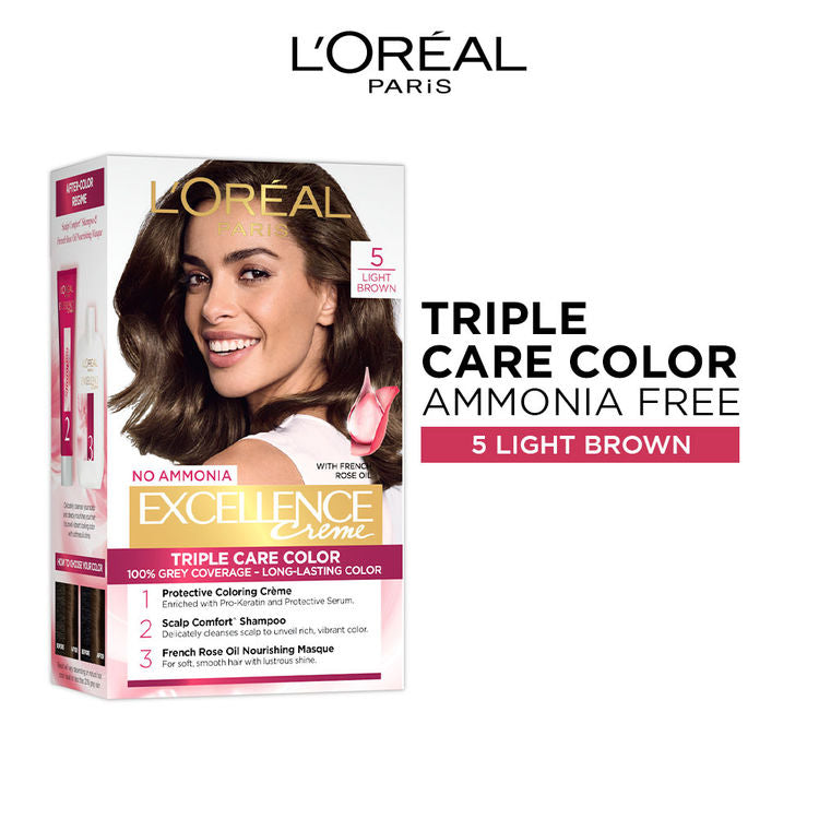 L'Oreal Paris Excellence Creme Hair Color 5 Light Brown |72+100 ml/gms|MRP 699
