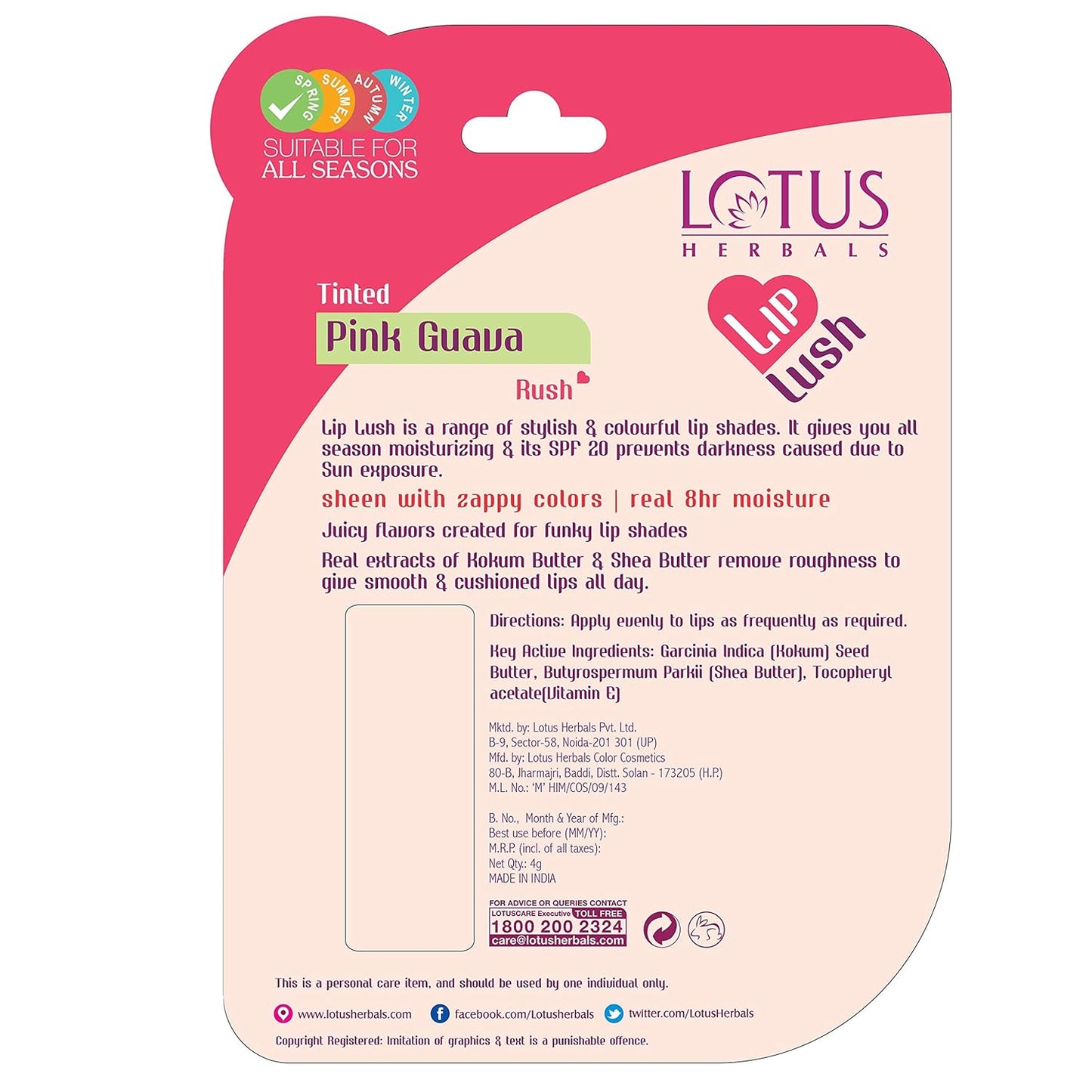 Lotus Herbals Lip Lush Tinted Lip Balm, lip balm, Pink Guava Rush tint