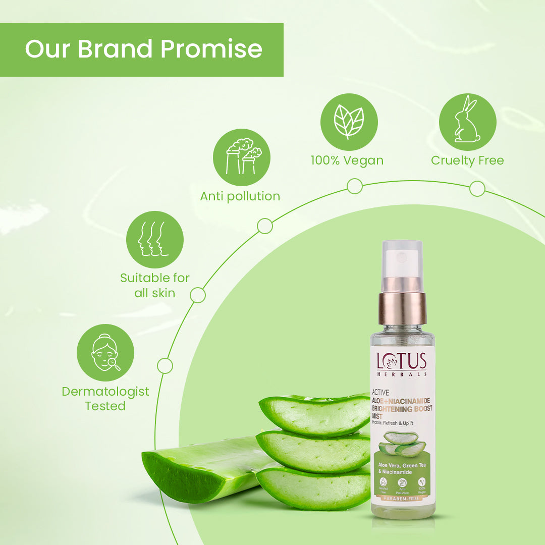 Lotus Herbals Active Aloe + Niacinamide Brightening Boost Mist, face mist, fine spray