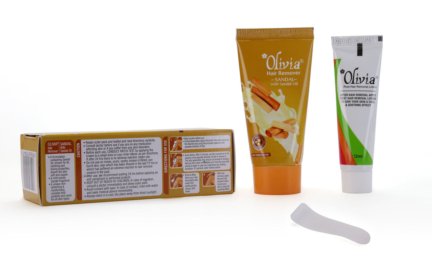 Olivia Sandal Hair Remover Cream, sandalwood hair removal care, smooth skin feel, calming depilatory