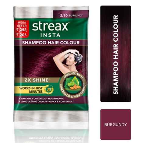 Streax Insta Shampoo Hair Colour - Burgundy 3.16|18 ml|MRP 25