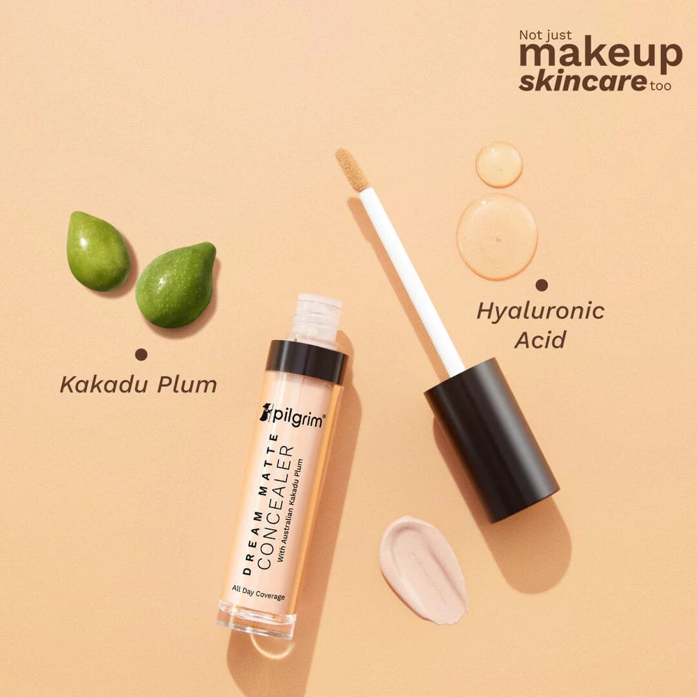 Pilgrim Full Coverage Dream Matte Liquid Concealer 7.3ml | Concealer for Dark Circles with Australian Kakadu Plum & Hyaluronic Acid | Crease resistance & Lightweight| Shade Almond