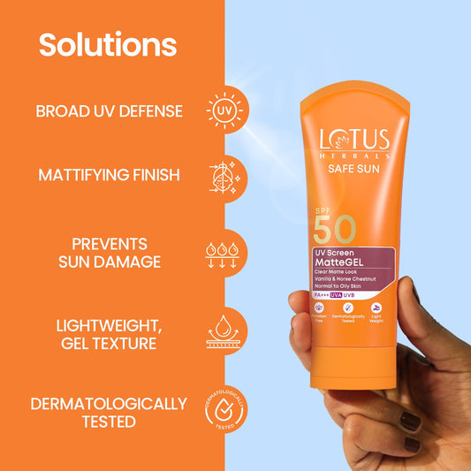 Lotus Herbals Safe Sun UV Screen Matte Gel Sunscreen, gel sunscreen, matte texture, SPF 50