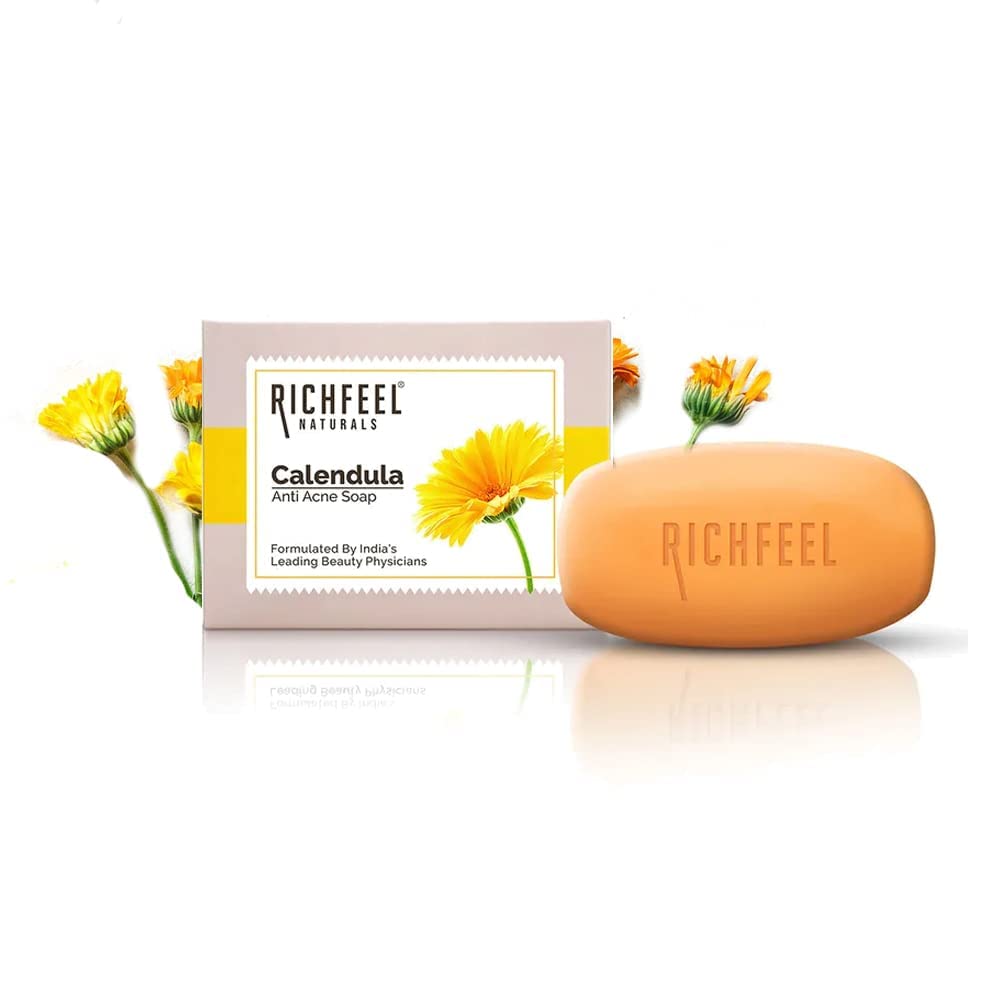 Richfeel Calendula Anti Soap bathing bar, pack of three 75 g bars for anti-acne, soothing, and deep cleansing.