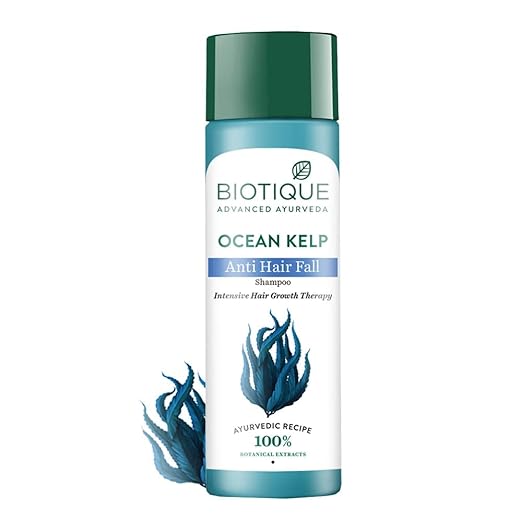 Biotique Ocean Kelp Anti Hairfall Shampoo 190ml bottle with natural kelp, bhringraj, neem bark, and Indian soapberry ingredients