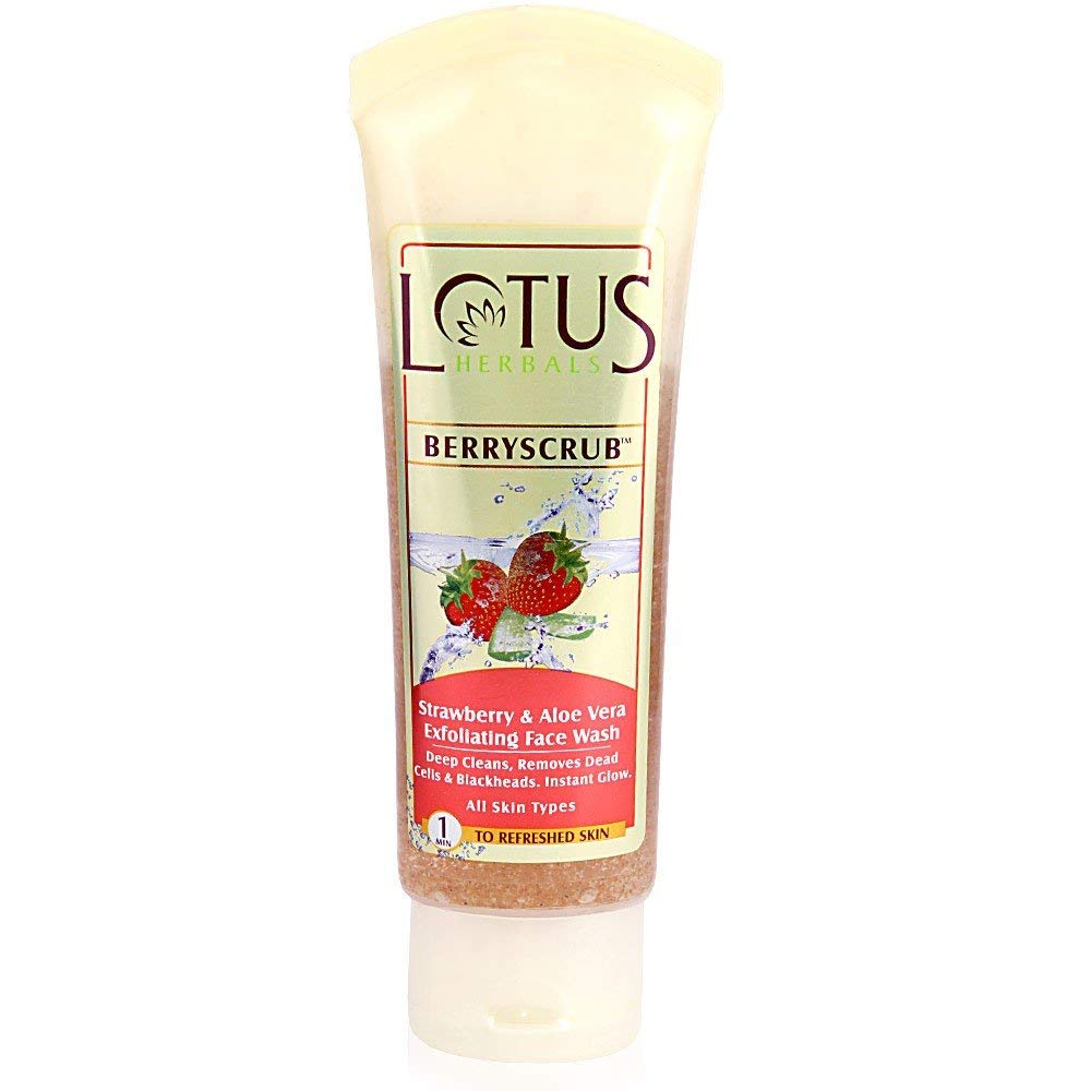 Lotus Herbals Berryscrub Strawberry & Aloe Vera Face Wash, exfoliating wash, scrub beads