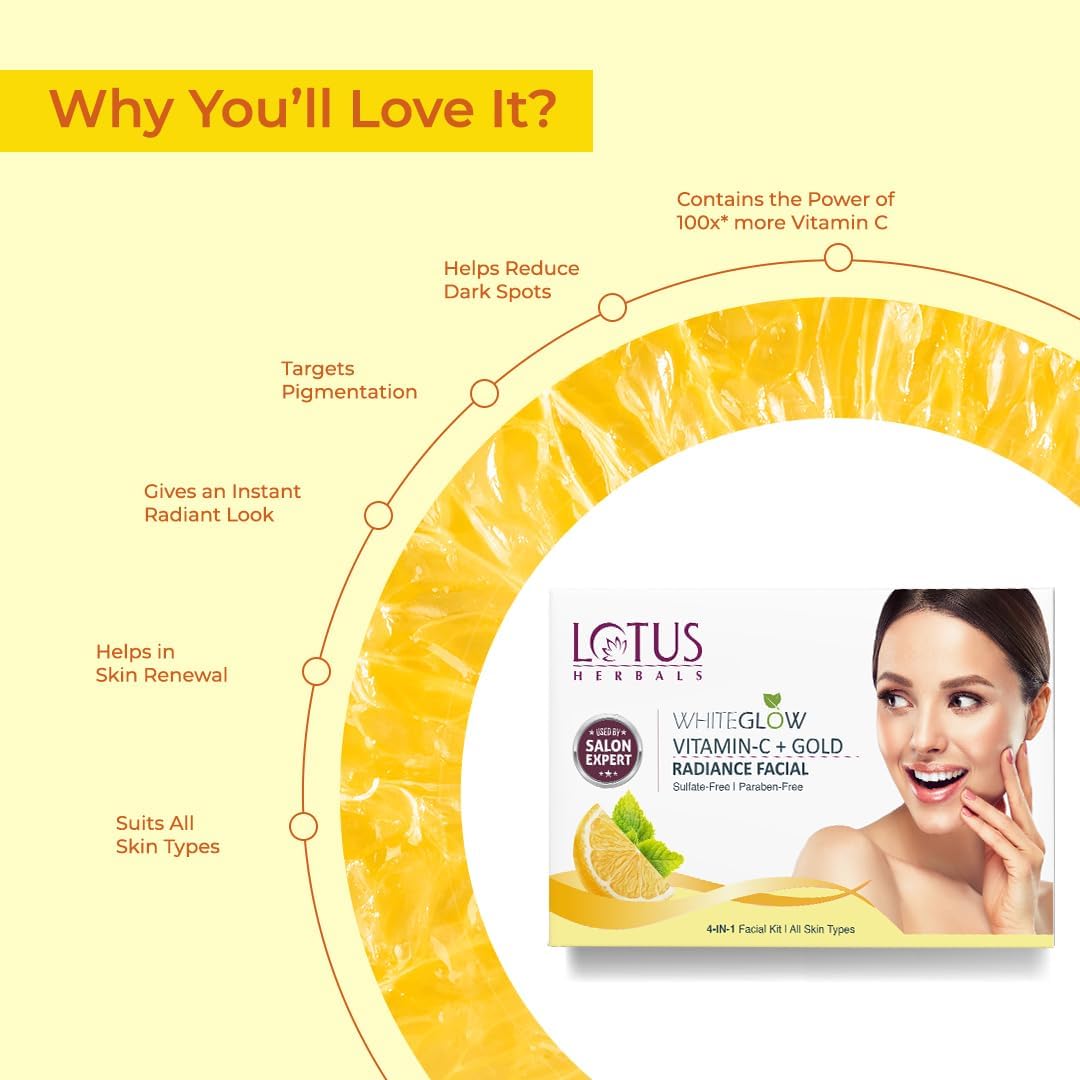 Lotus Herbals WhiteGlow Vitamin-C + Gold Radiance Facial Kit, facial kit, gold-toned products