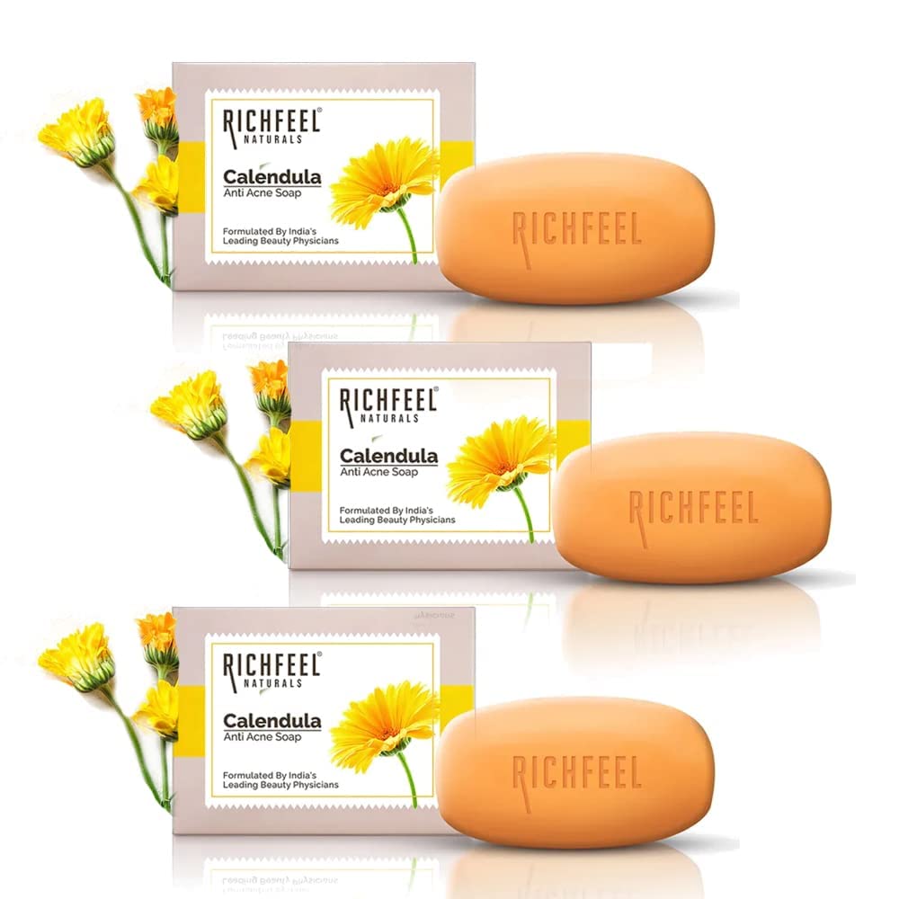Richfeel Calendula Anti Soap bathing bar, pack of three 75 g bars for anti-acne, soothing, and deep cleansing.
