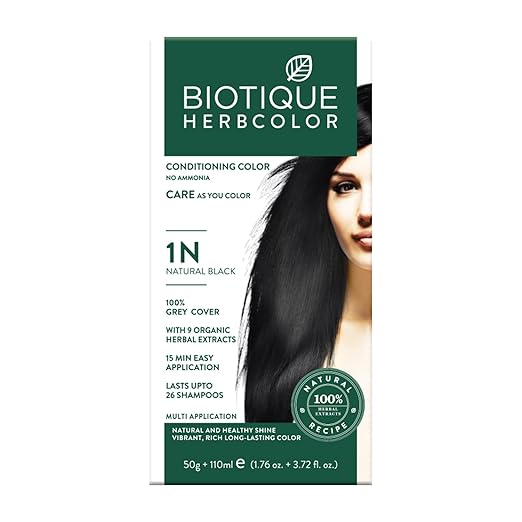 Biotique Herbcolor 1N Natural Black – Ammonia-free herbal hair color with henna, indigo, and Himalayan botanicals