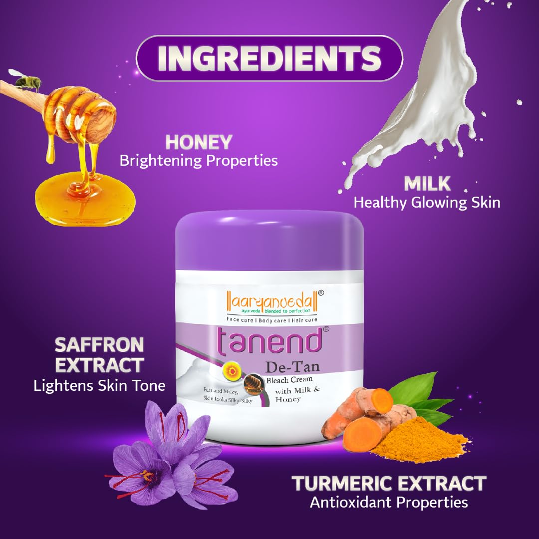 Aaryanveda De-Tan Bleach Cream with Milk & Honey in a 450g container, designed for tan removal and skin brightening