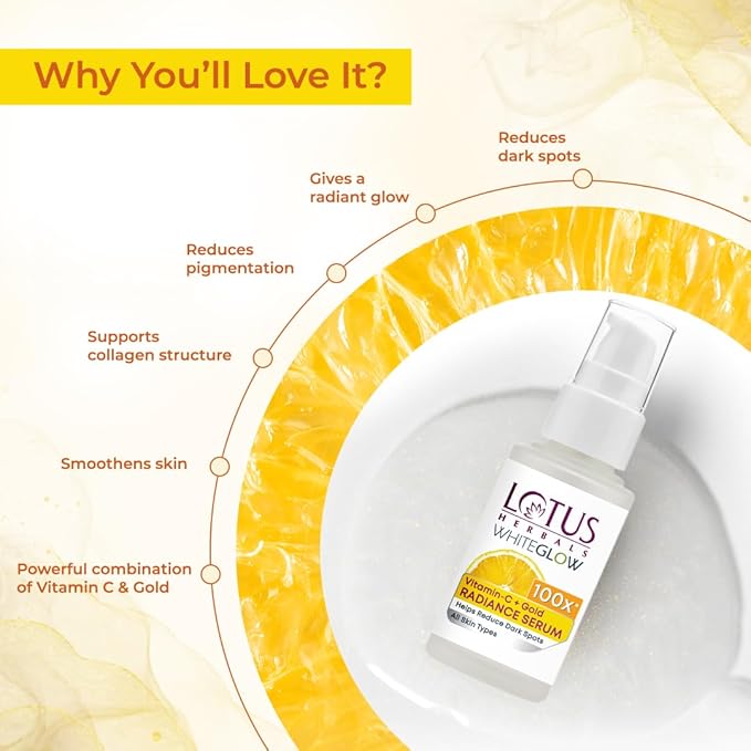 Lotus Herbals WhiteGlow Vitamin-C + Gold Radiance Serum, face serum, lightweight texture