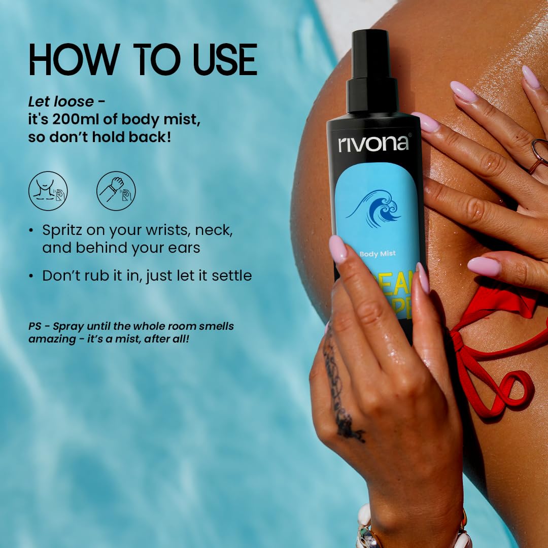 Rivona Ocean Whisper Body Mist, aquatic fresh fragrance, cooling body spray, rivona perfume