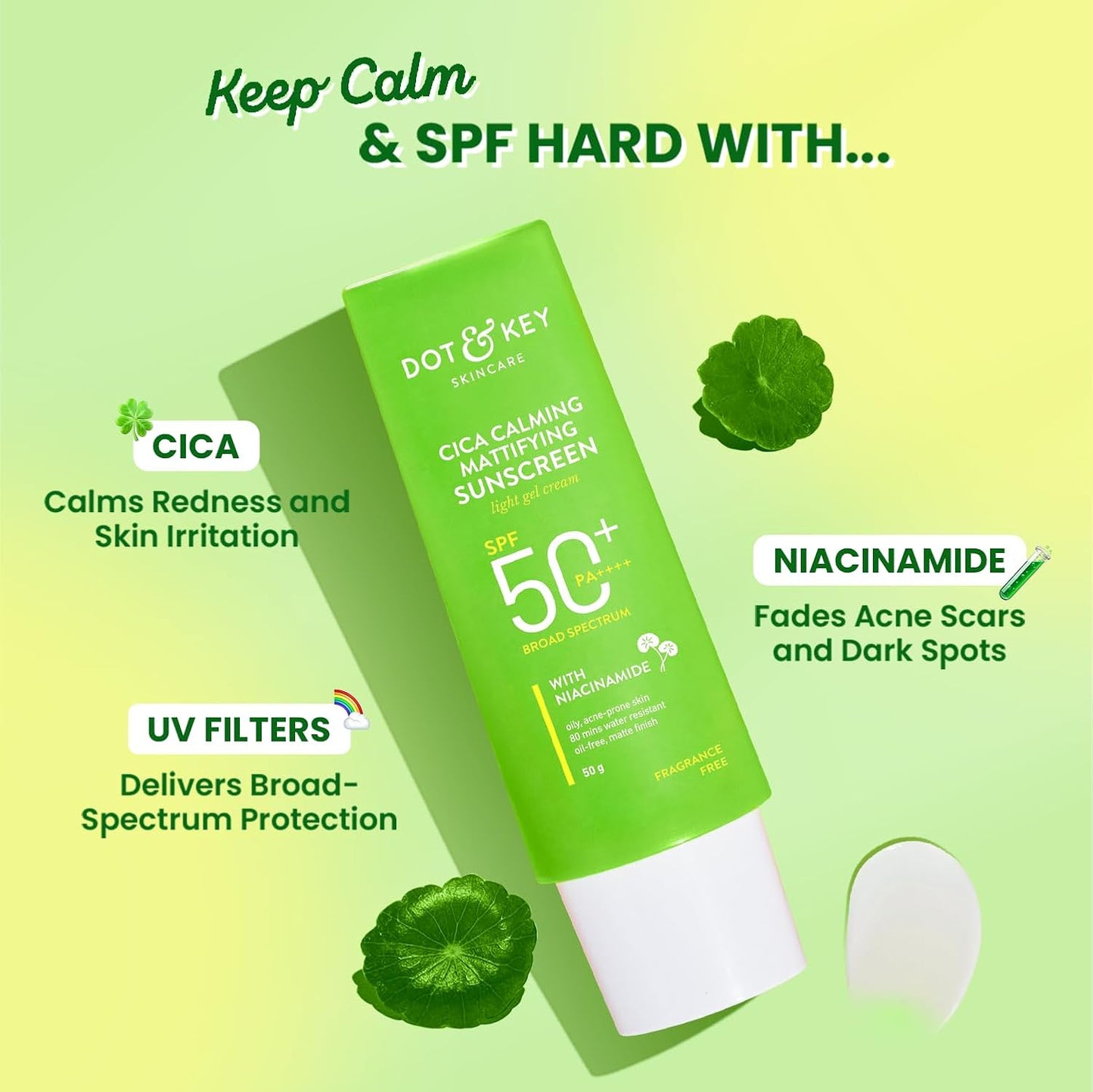 Dot & Key Cica Mattifying Sunscreen SPF 50, oil control sun protection, lightweight sunscreen care