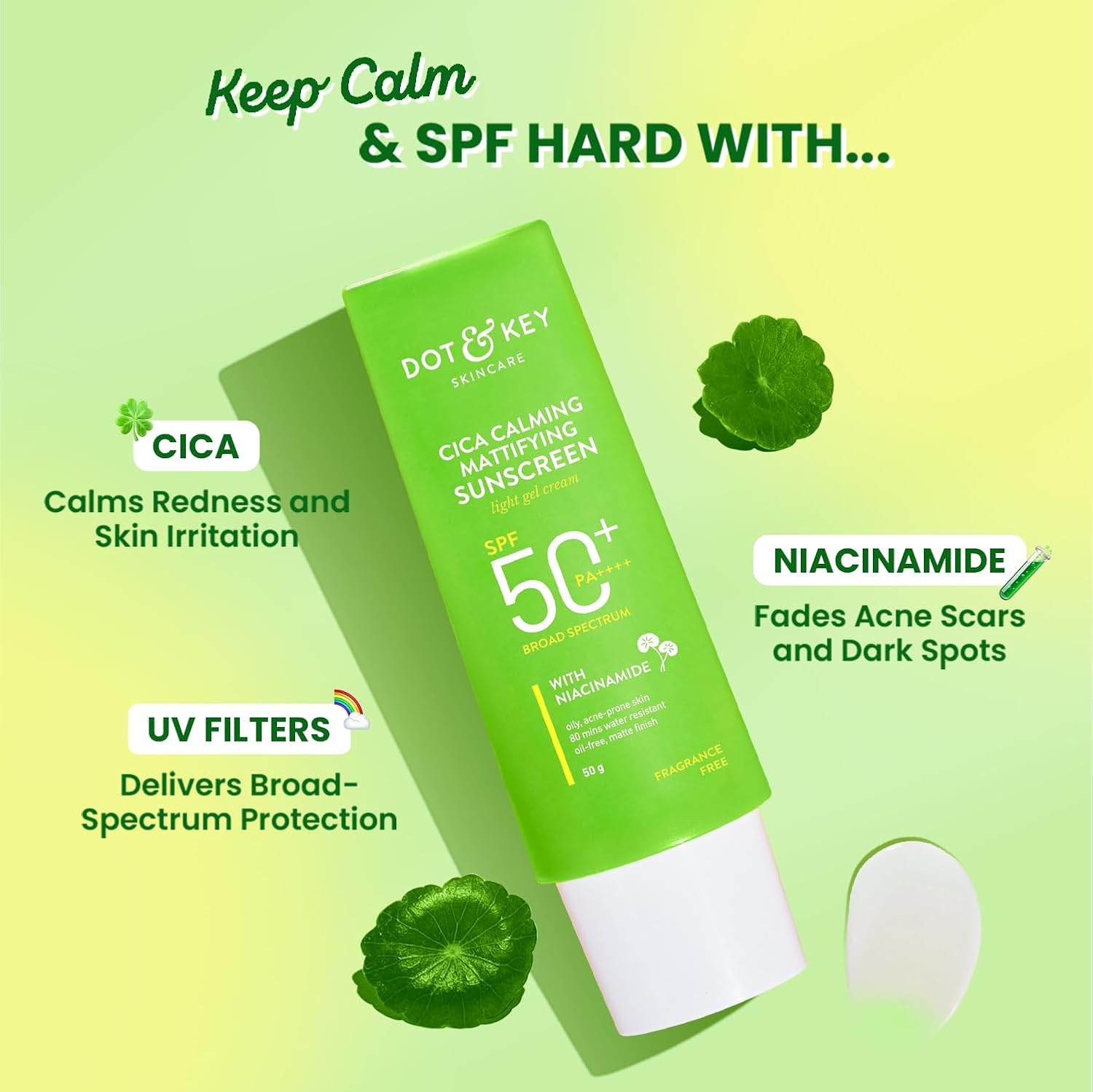 Dot & Key Cica Mattifying Sunscreen SPF 50, oil control sun protection, lightweight sunscreen care