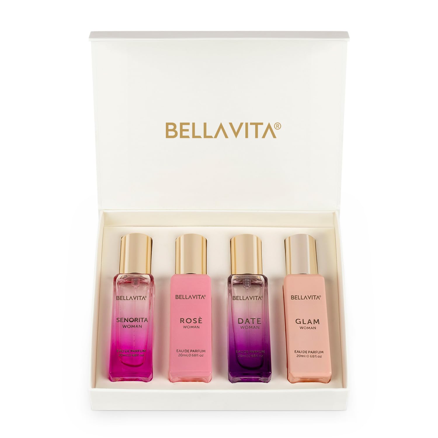 BellaVita Luxury Women’s Perfume Gift Set featuring four 20 ml long-lasting fragrance bottles.