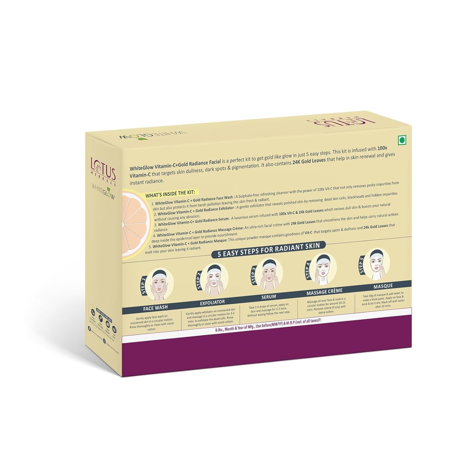 Lotus Herbals WhiteGlow Vitamin-C + Gold Radiance Facial Kit, facial kit, gold-toned products