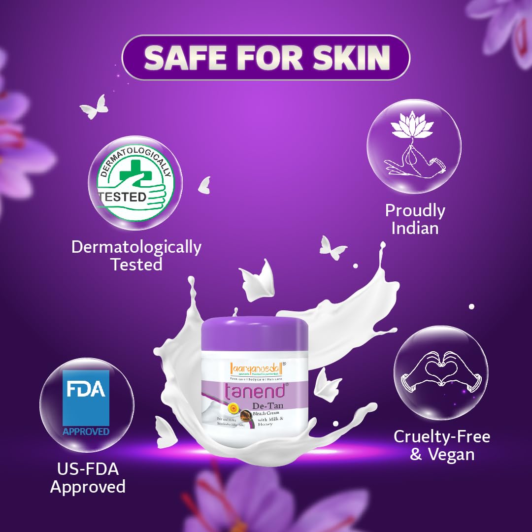 Aaryanveda De-Tan Bleach Cream with Milk & Honey in a 450g container, designed for tan removal and skin brightening
