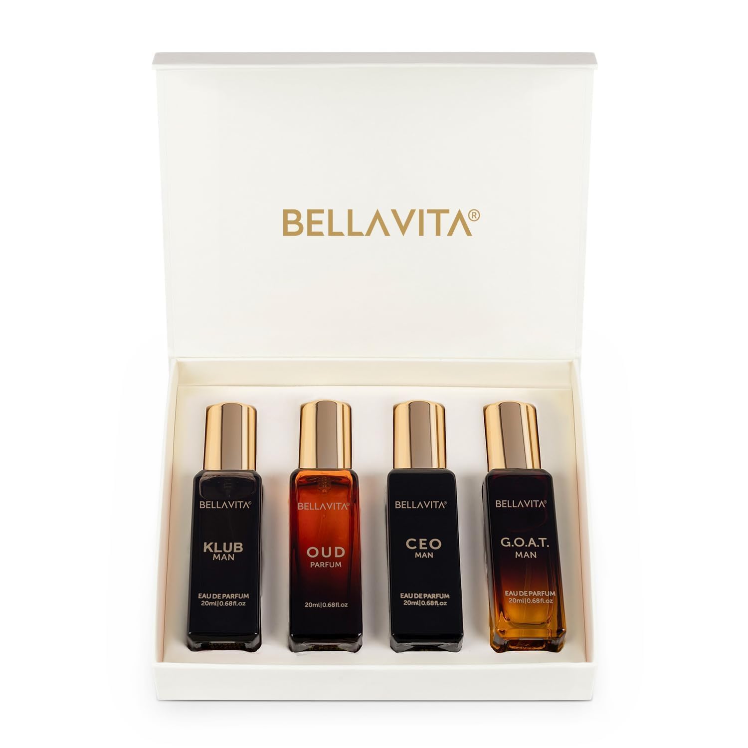BellaVita Luxury MenÕs Perfume Gift Set featuring four 20 ml premium, long-lasting fragrances for men.