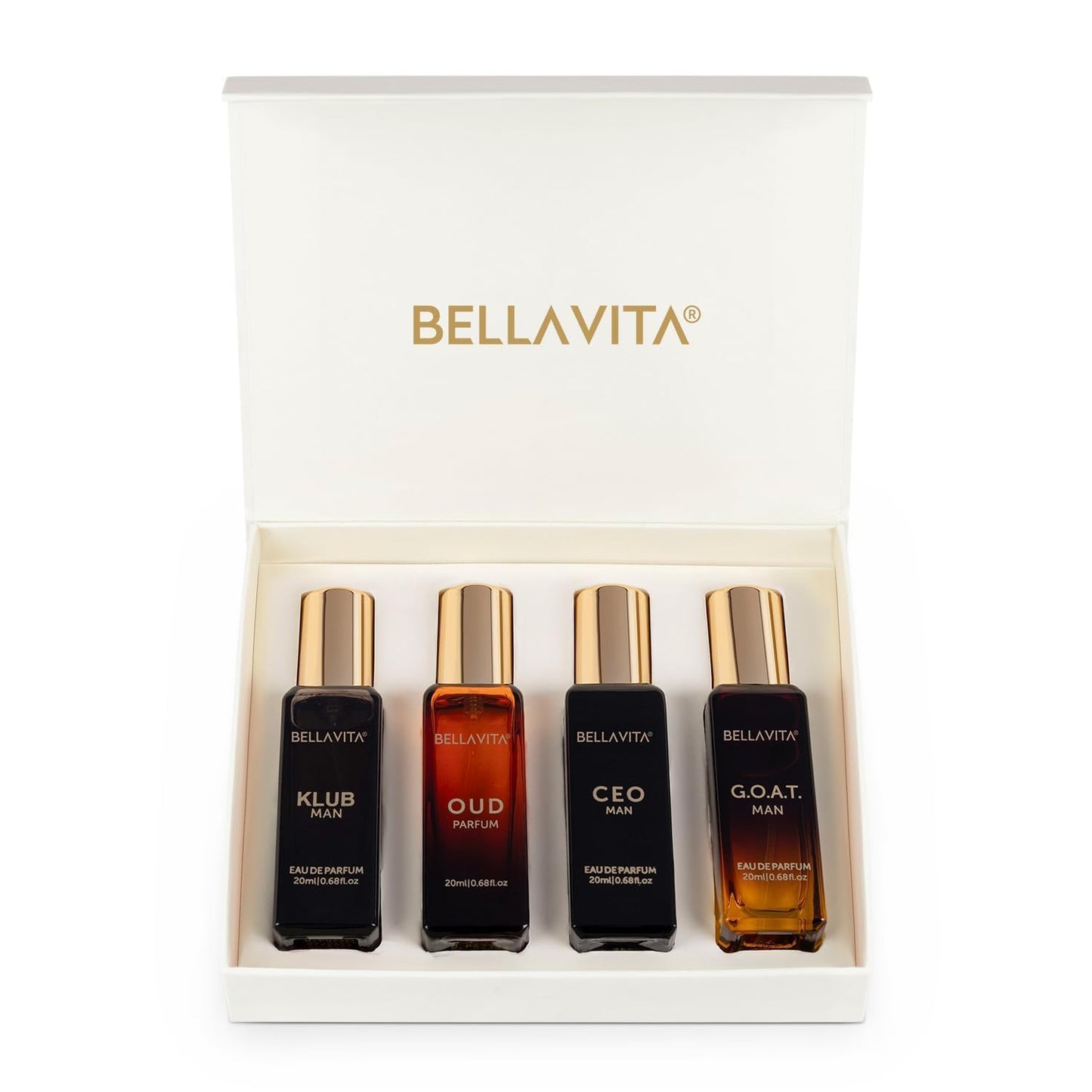 BellaVita Luxury Men’s Perfume Gift Set featuring four 20 ml premium, long-lasting fragrances for men.