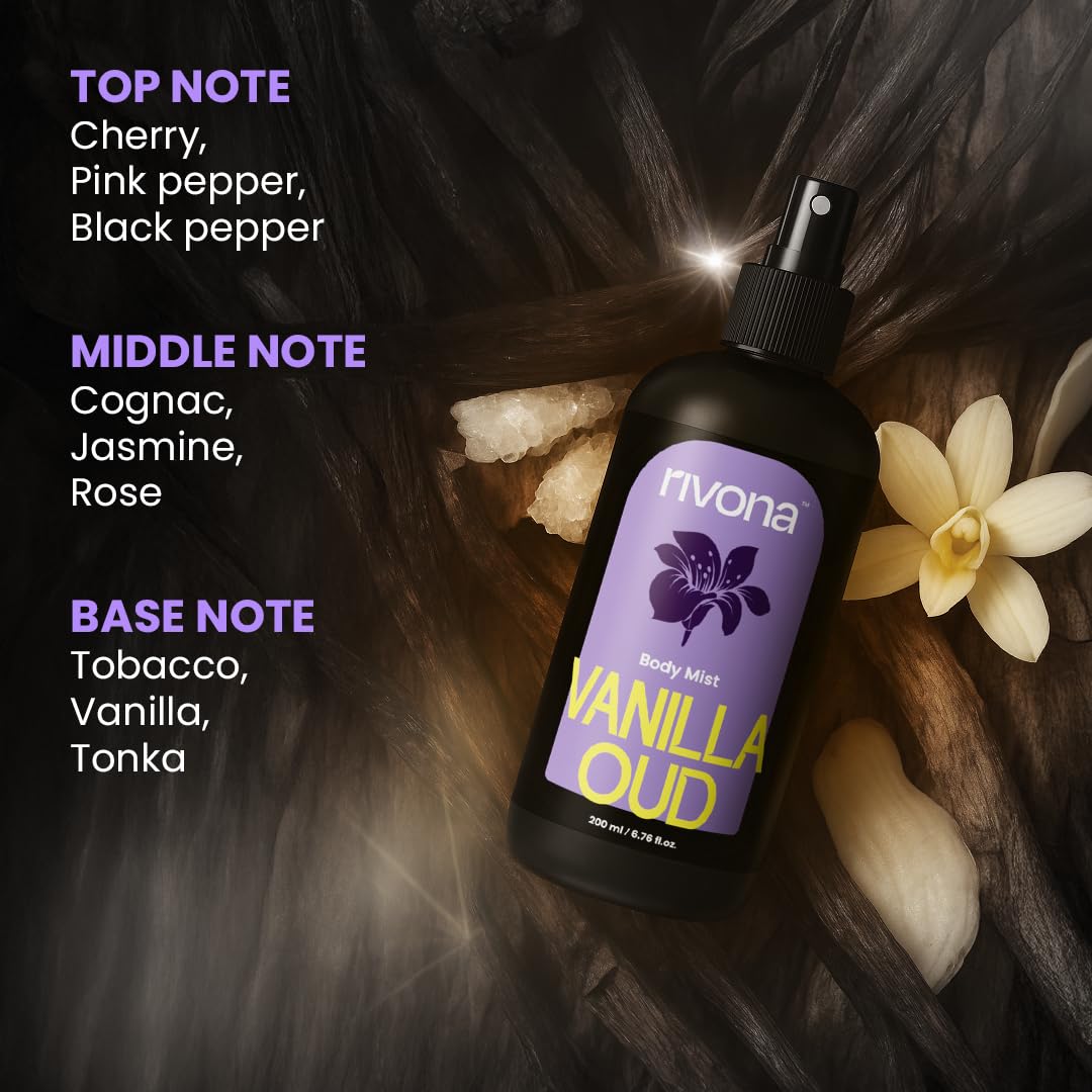 Rivona Vanilla Oud Body Mist, warm woody fragrance mist, long lasting body mist, rivona perfume