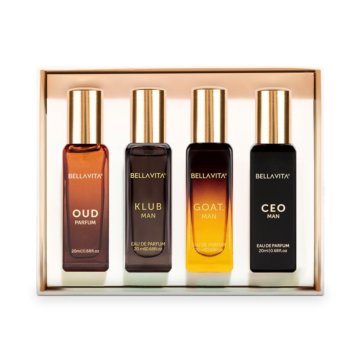 BellaVita Luxury Men’s Perfume Gift Set featuring four 20 ml premium, long-lasting fragrances for men.