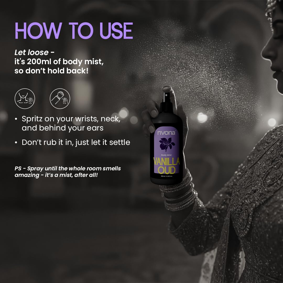 Rivona Vanilla Oud Body Mist, warm woody fragrance mist, long lasting body mist, rivona perfume