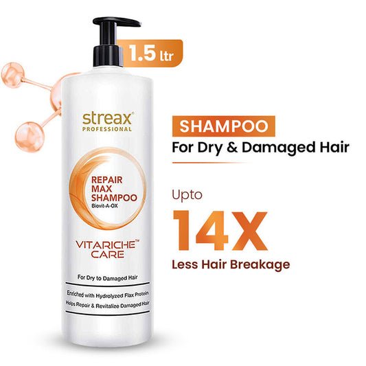 Streax Professional Vitariche Care Repair Max Shampoo Mild Everyday Shampoo|1500 ml|MRP 900