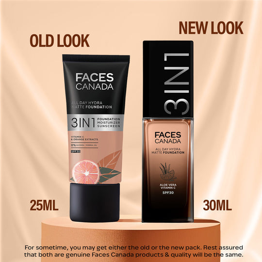 Faces Canada 3in1 All Day Hydra Matte Foundation  - Caramel Natural 023|30 ml|MRP 599