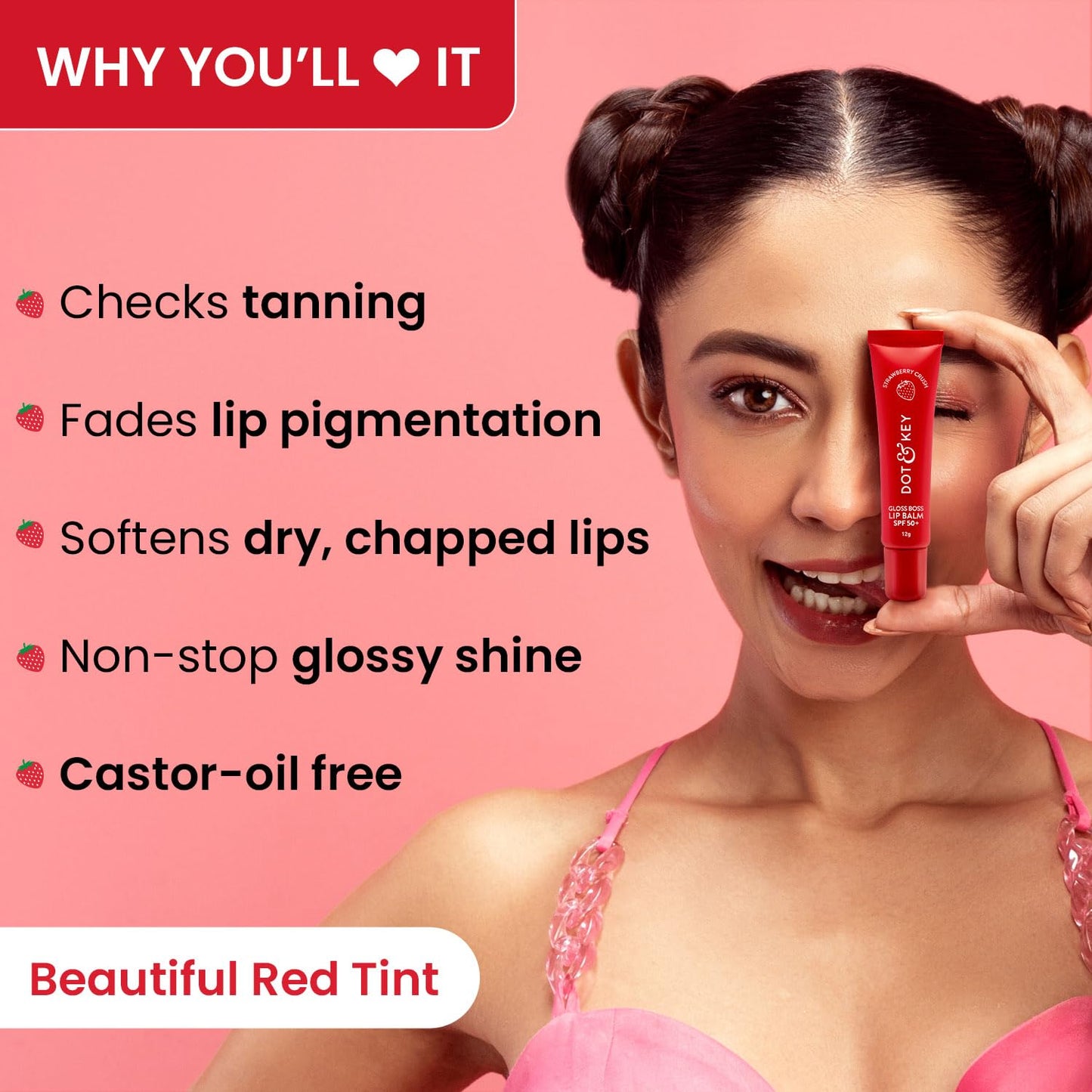 Dot & Key Gloss Boss Strawberry Lip Balm, glossy spf lip care, soft lips