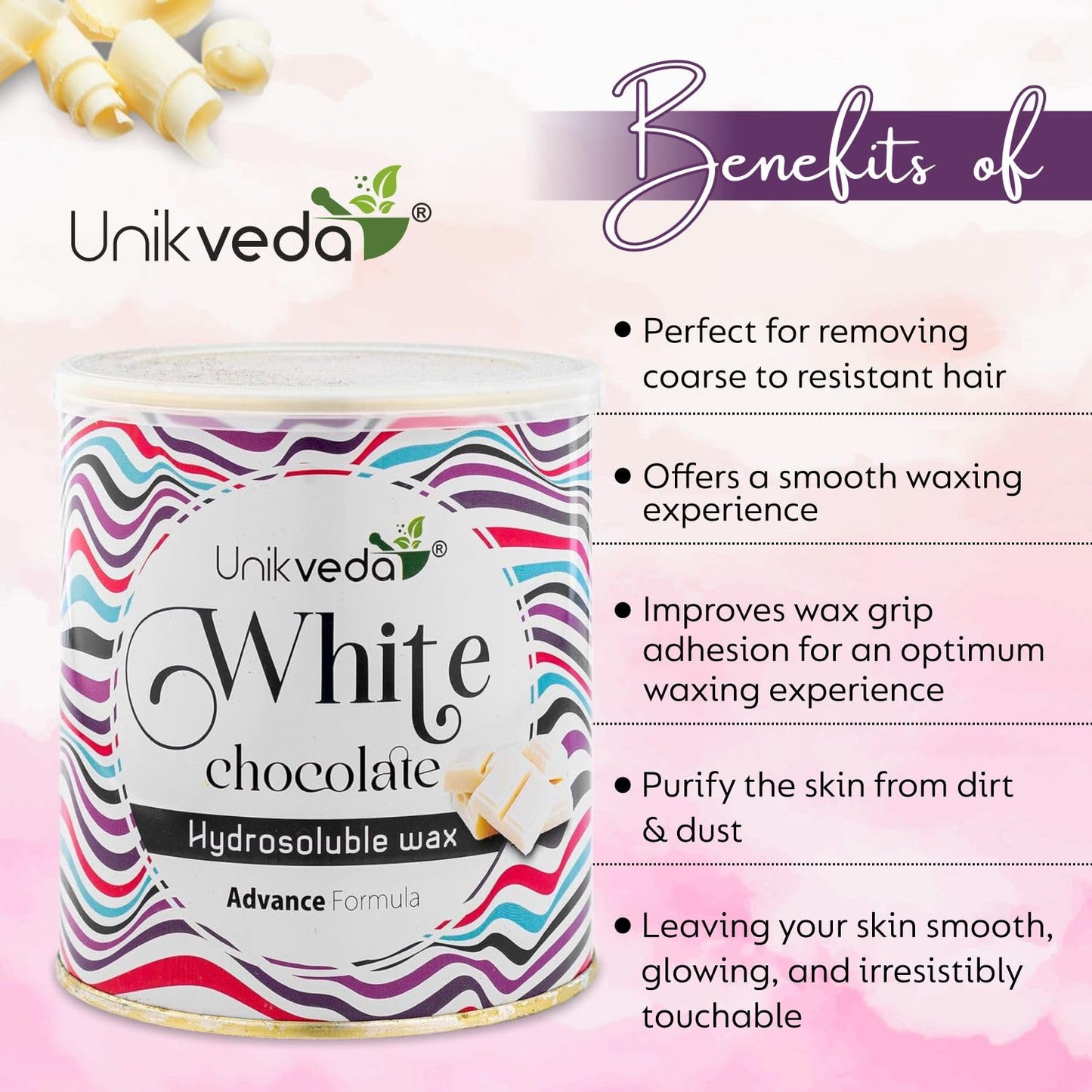 Unikveda White Chocolate Wax, hydrosoluble hair removal wax, smooth skin waxing, salon wax, gentle wax
