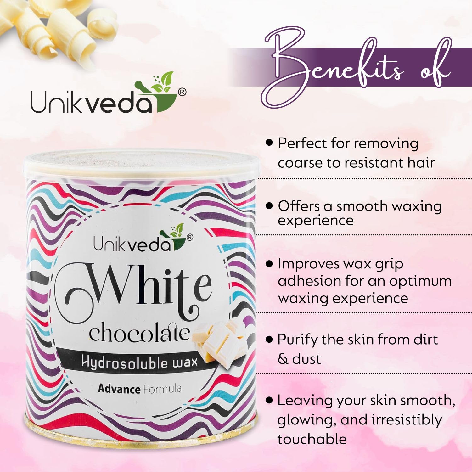 Unikveda White Chocolate Wax, hydrosoluble hair removal wax, smooth skin waxing, salon wax, gentle wax