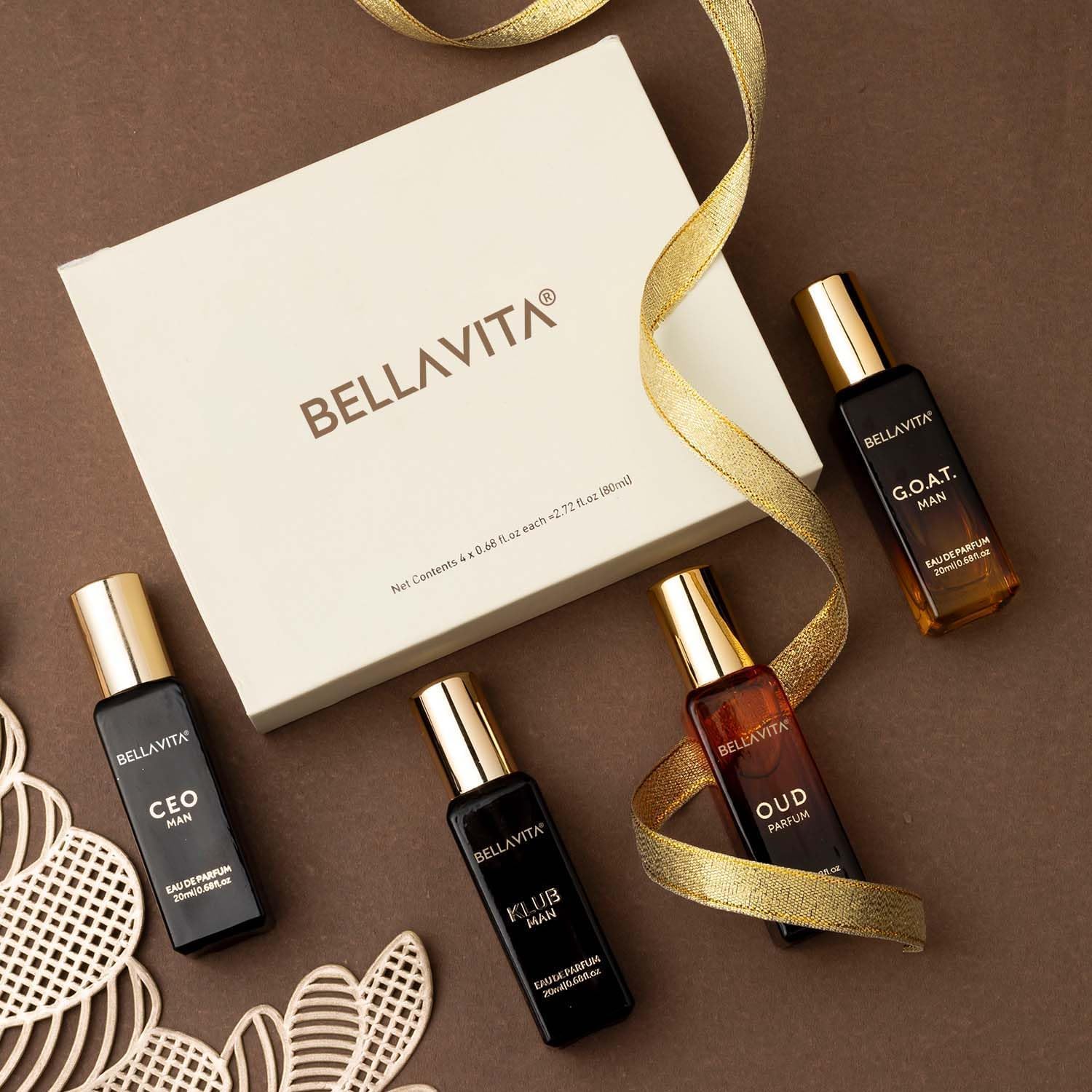 BellaVita Luxury MenÕs Perfume Gift Set featuring four 20 ml premium, long-lasting fragrances for men.