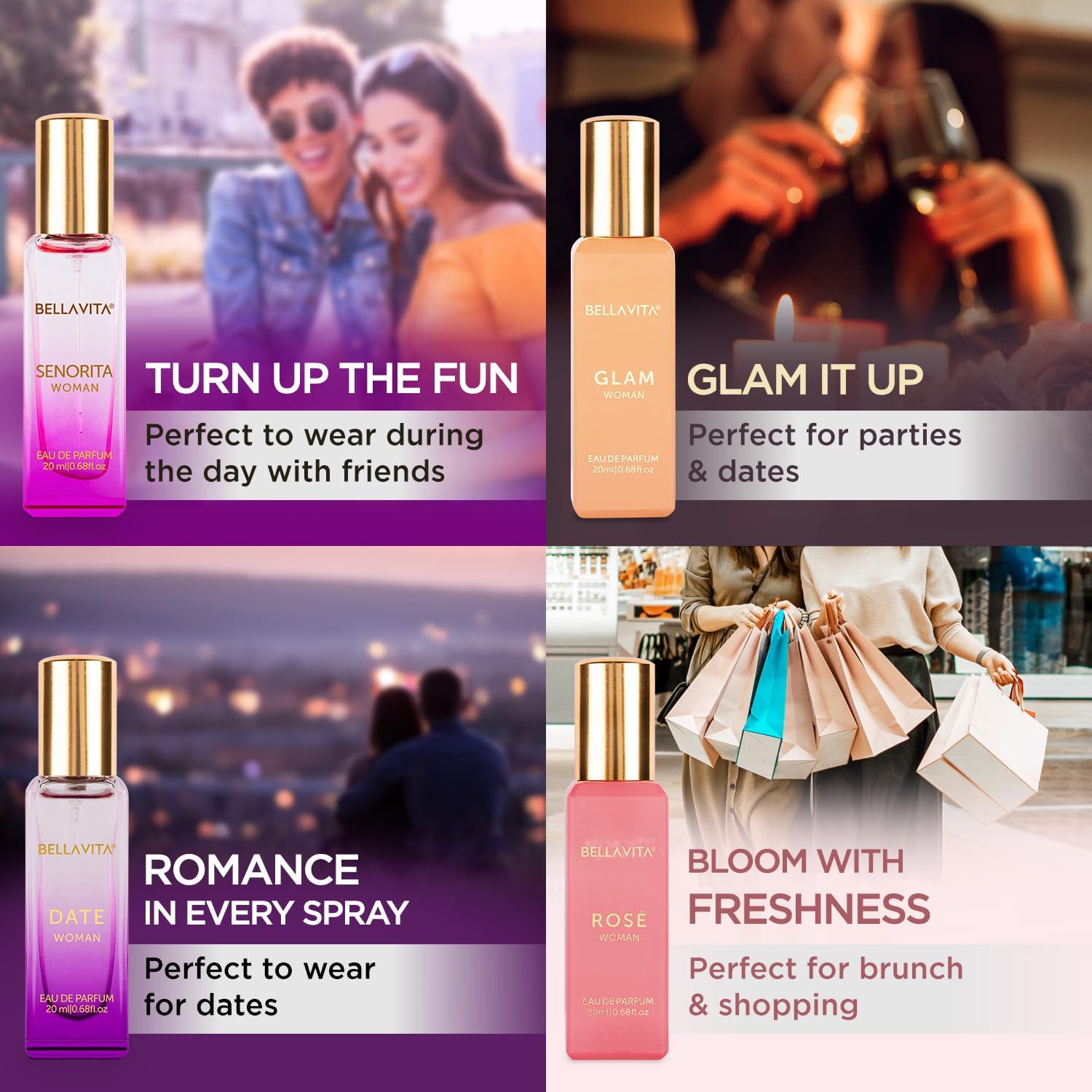 BellaVita Luxury WomenÕs Perfume Gift Set featuring four 20 ml long-lasting fragrance bottles.