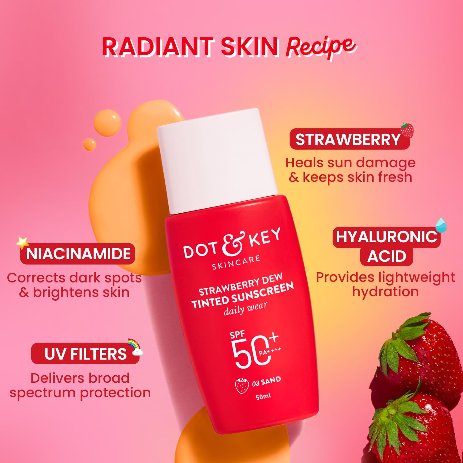 Dot & Key Strawberry Dew Tinted Sunscreen, sand shade sun protection, natural finish