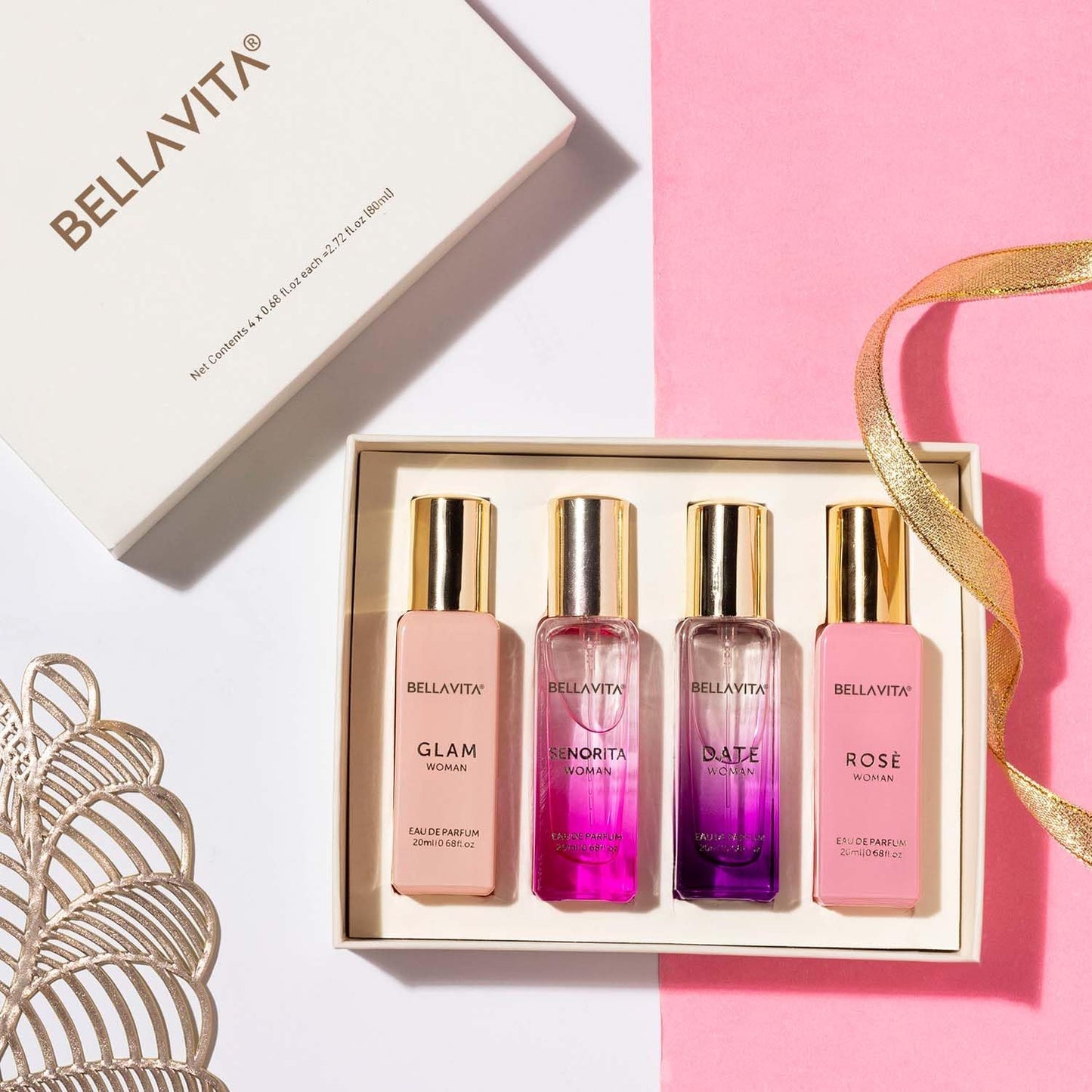 BellaVita Luxury WomenÕs Perfume Gift Set featuring four 20 ml long-lasting fragrance bottles.