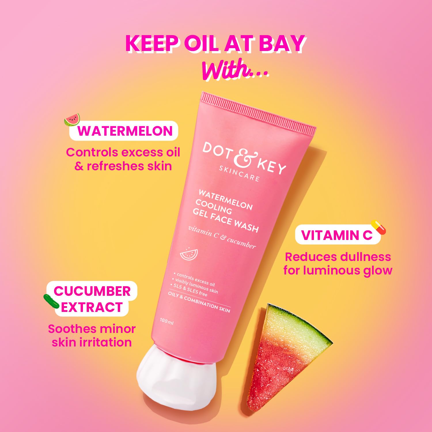Dot & Key Watermelon Gel Face Wash, refreshing cleansing care, hydrating skincare wash, fresh skin cleanser