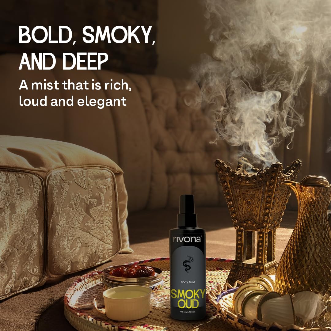 Rivona Smoky Oud Body Mist, bold woody fragrance, premium perfume mist, rivona scent