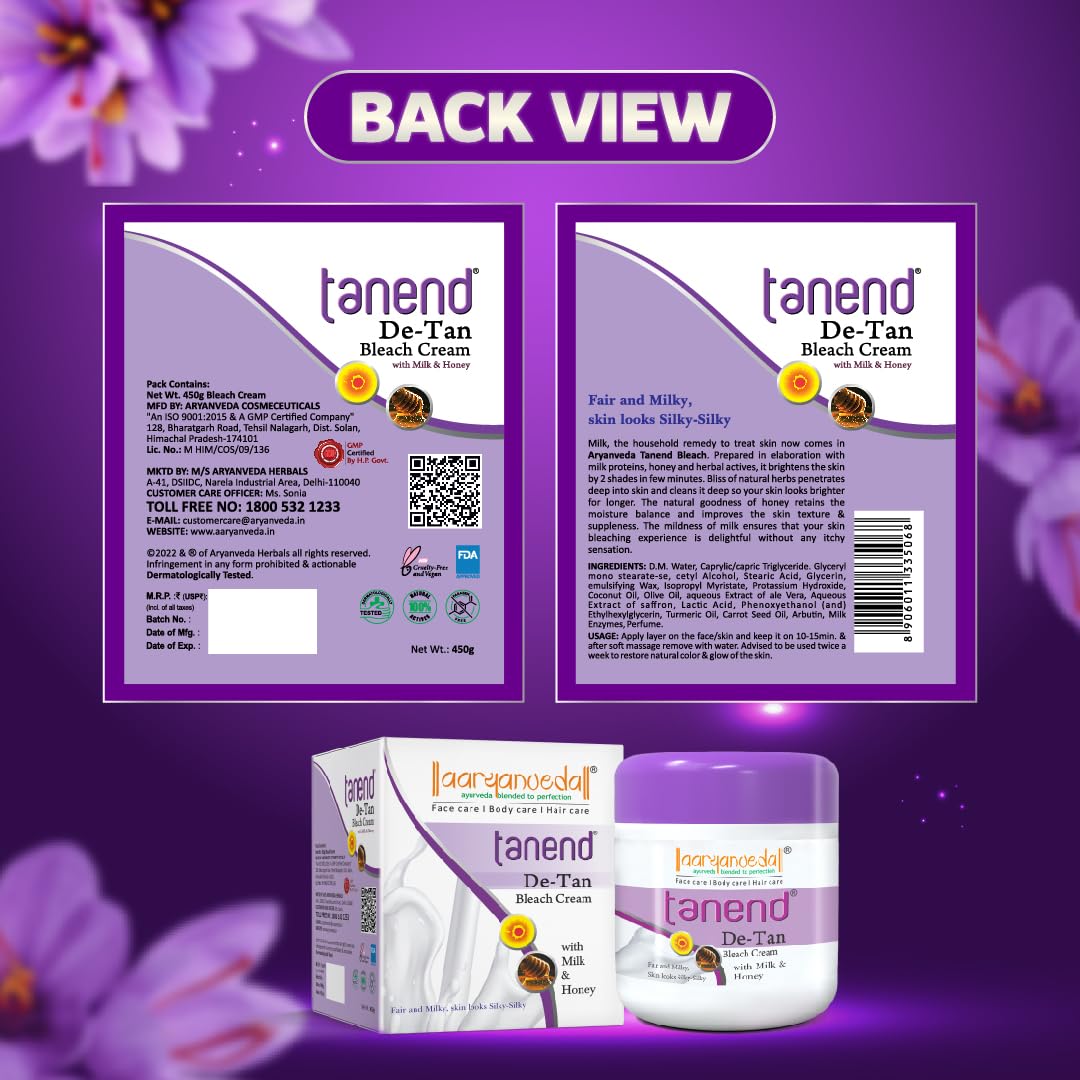 Aaryanveda De-Tan Bleach Cream with Milk & Honey in a 450g container, designed for tan removal and skin brightening