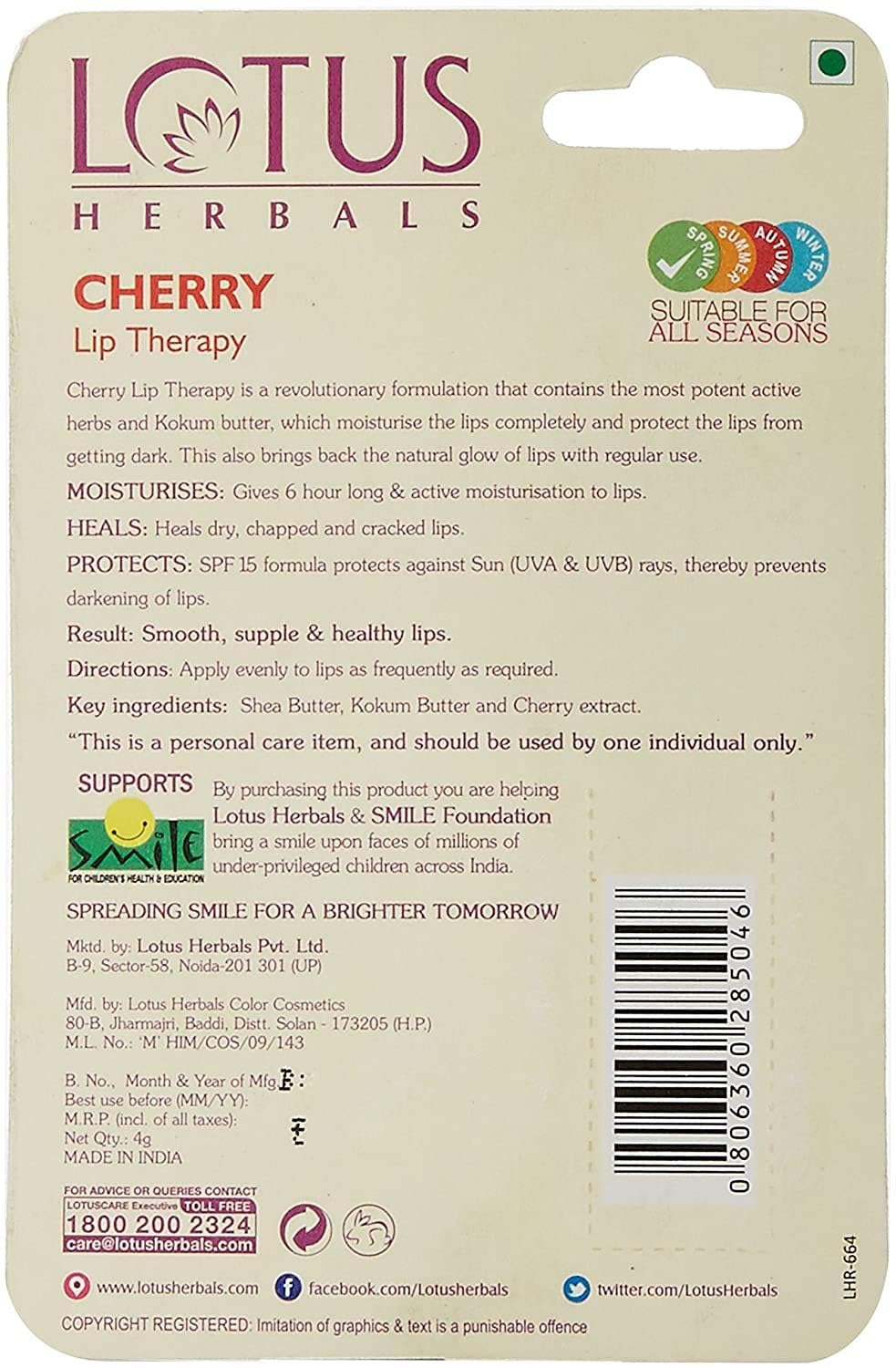 Lotus Herbals Lip Therapy Lip Balm, lip balm, Cherry variant