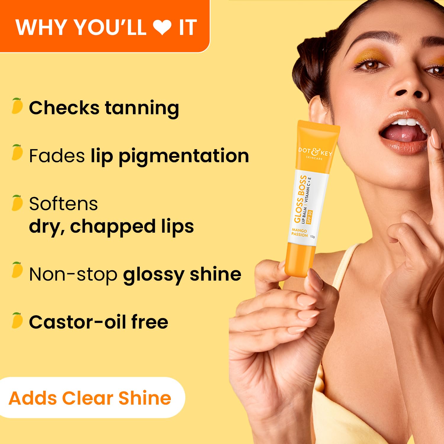 Dot & Key Gloss Boss Mango Lip Balm, nourishing glossy lip care, spf lip protection