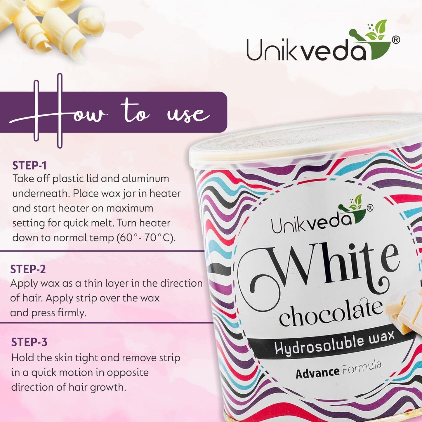Unikveda White Chocolate Wax, hydrosoluble hair removal wax, smooth skin waxing, salon wax, gentle wax