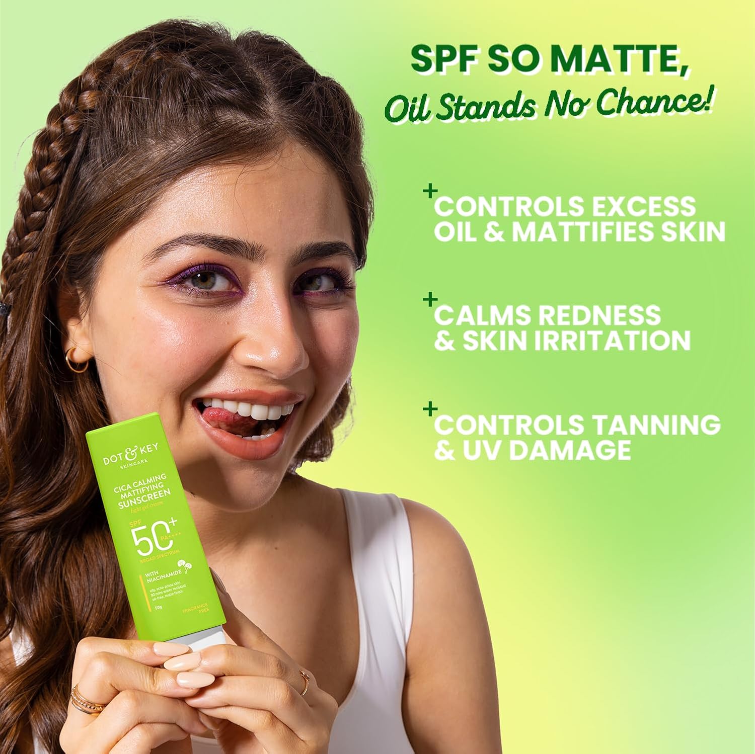 Dot & Key Cica Mattifying Sunscreen SPF 50, oil control sun protection, lightweight sunscreen care