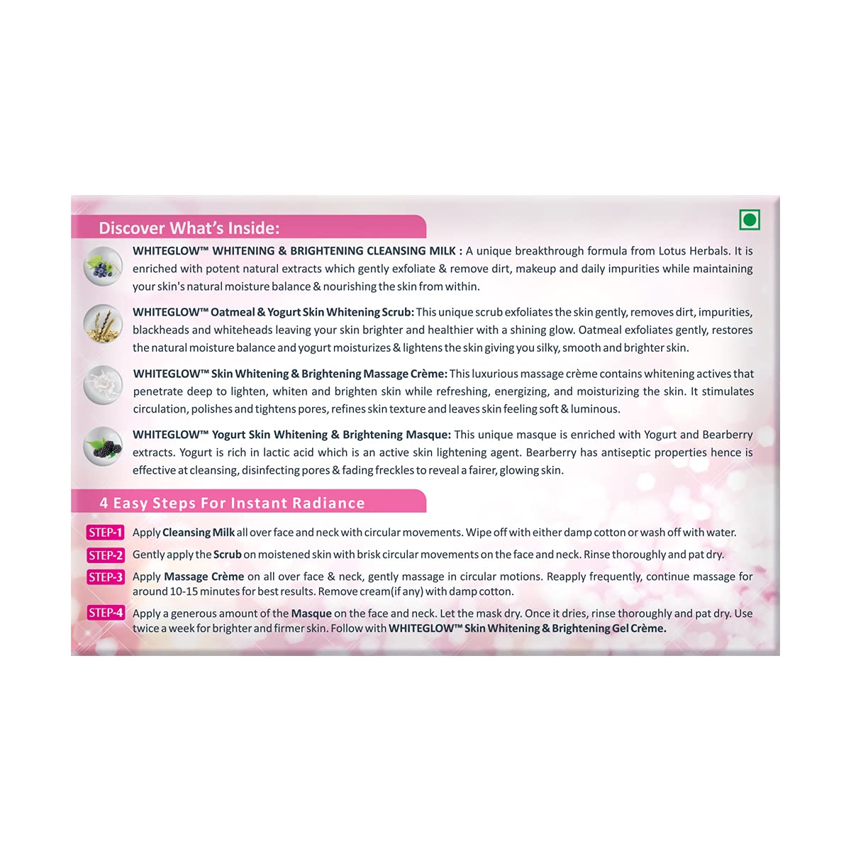 Lotus Herbals WhiteGlow InstaGlow Brightening 4 in 1 Facial Kit, facial kit, multi-step set
