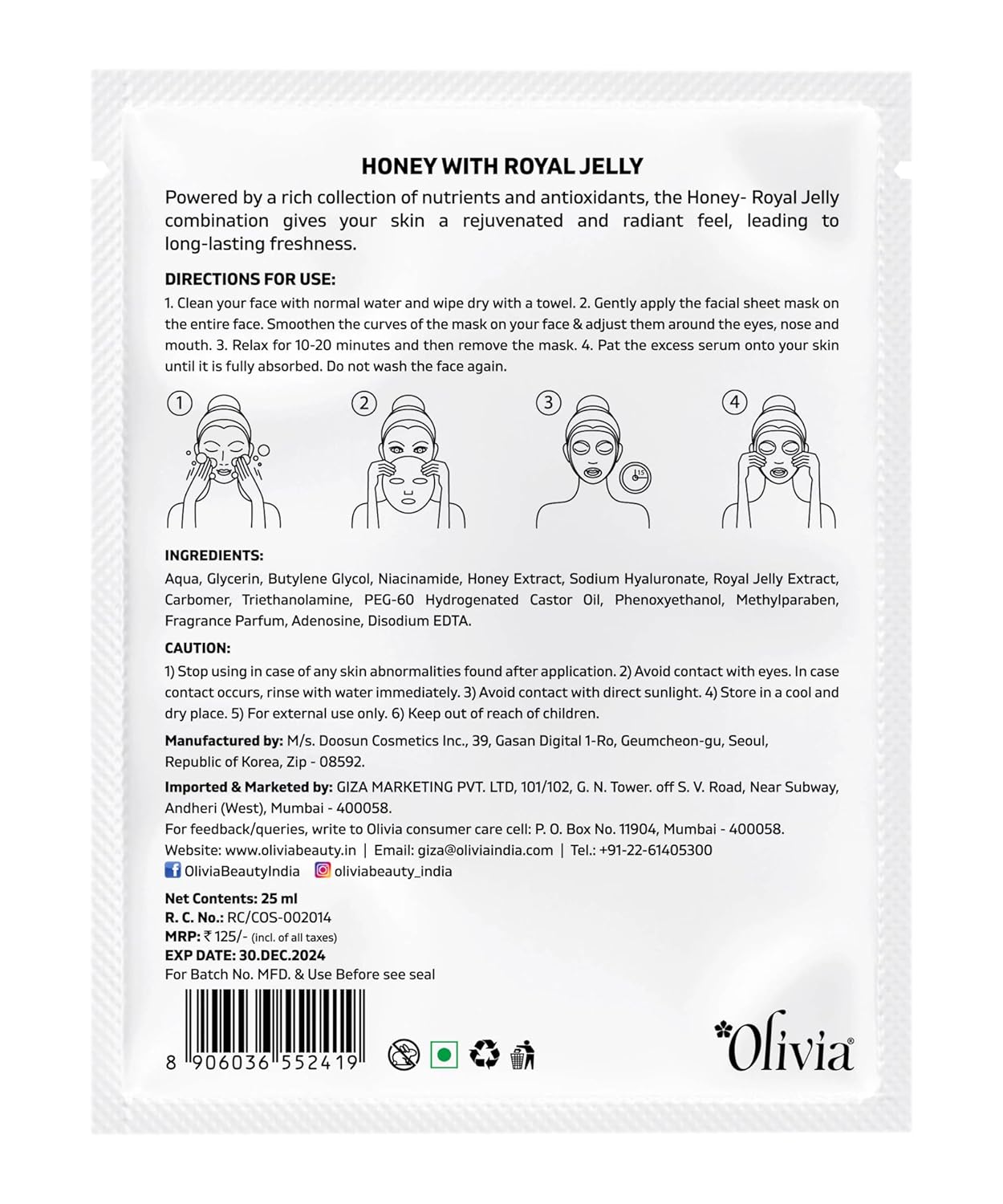 Olivia Green Tea Sheet Mask, purifying facial mask, fresh skin care, antibacterial mask