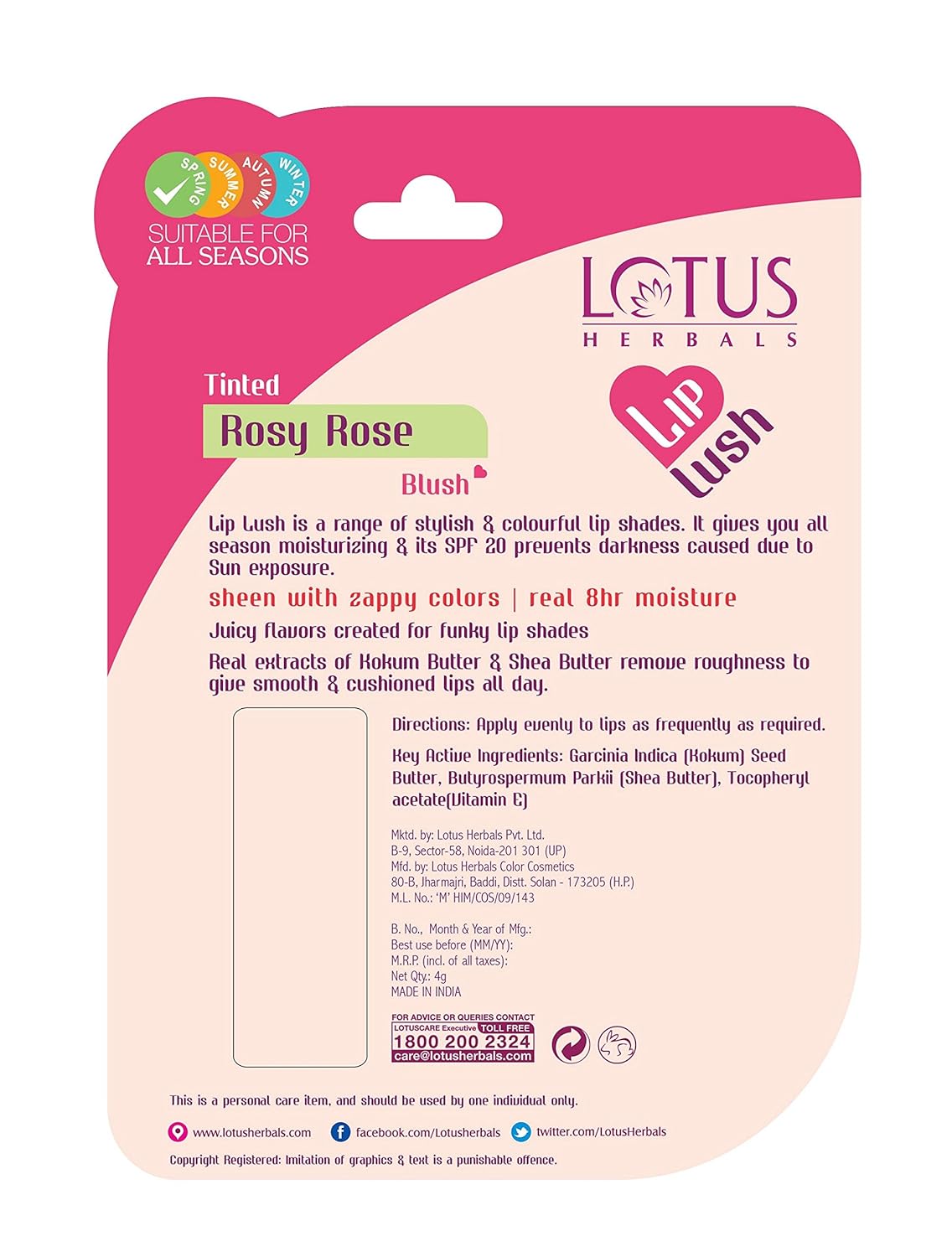 Lotus Herbals Lip Lush Tinted Lip Balm, lip balm, Rosy Rose Blush tint