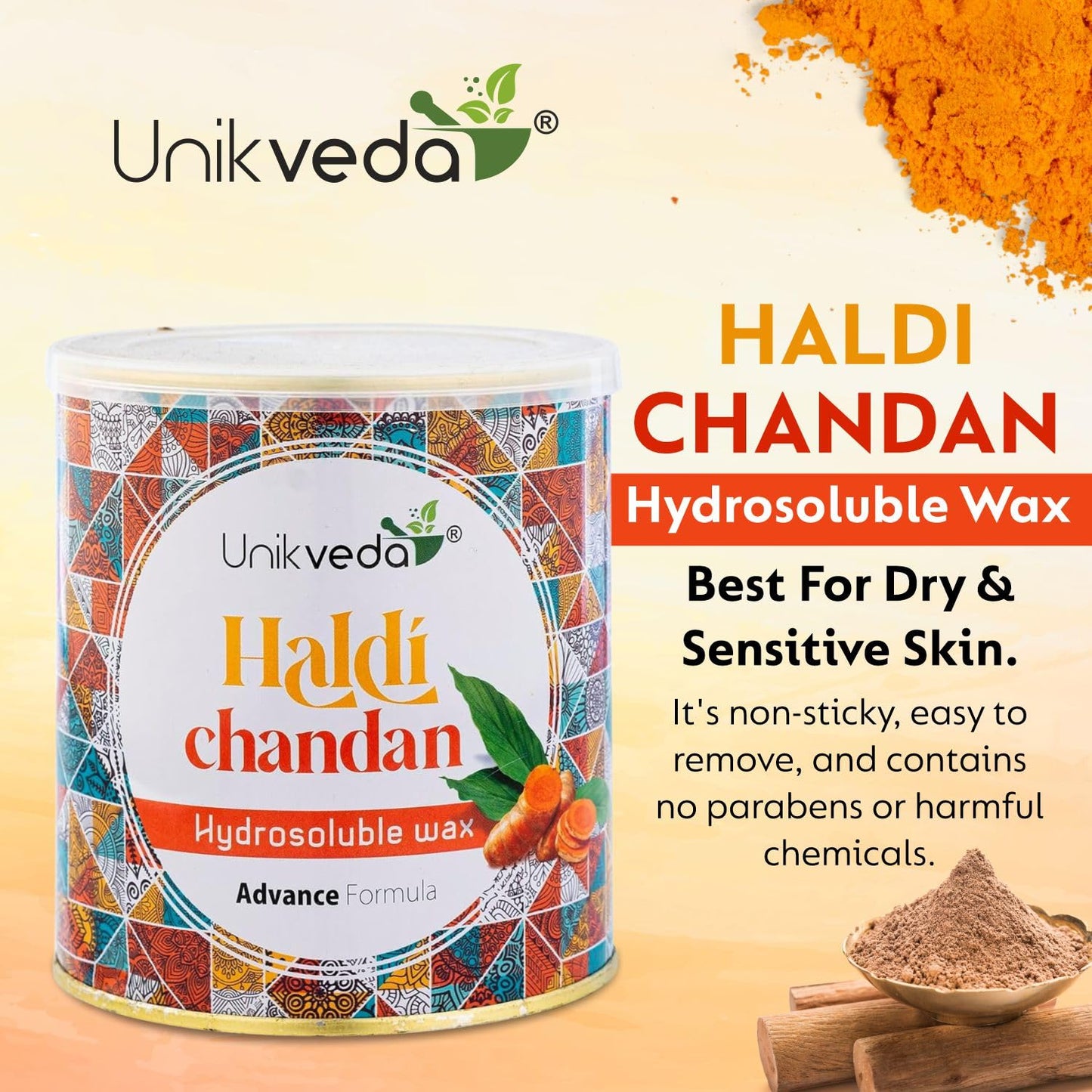 Unikveda Haldi Chandan Wax, turmeric sandalwood wax, soothing hair removal, salon waxing care, smooth skin