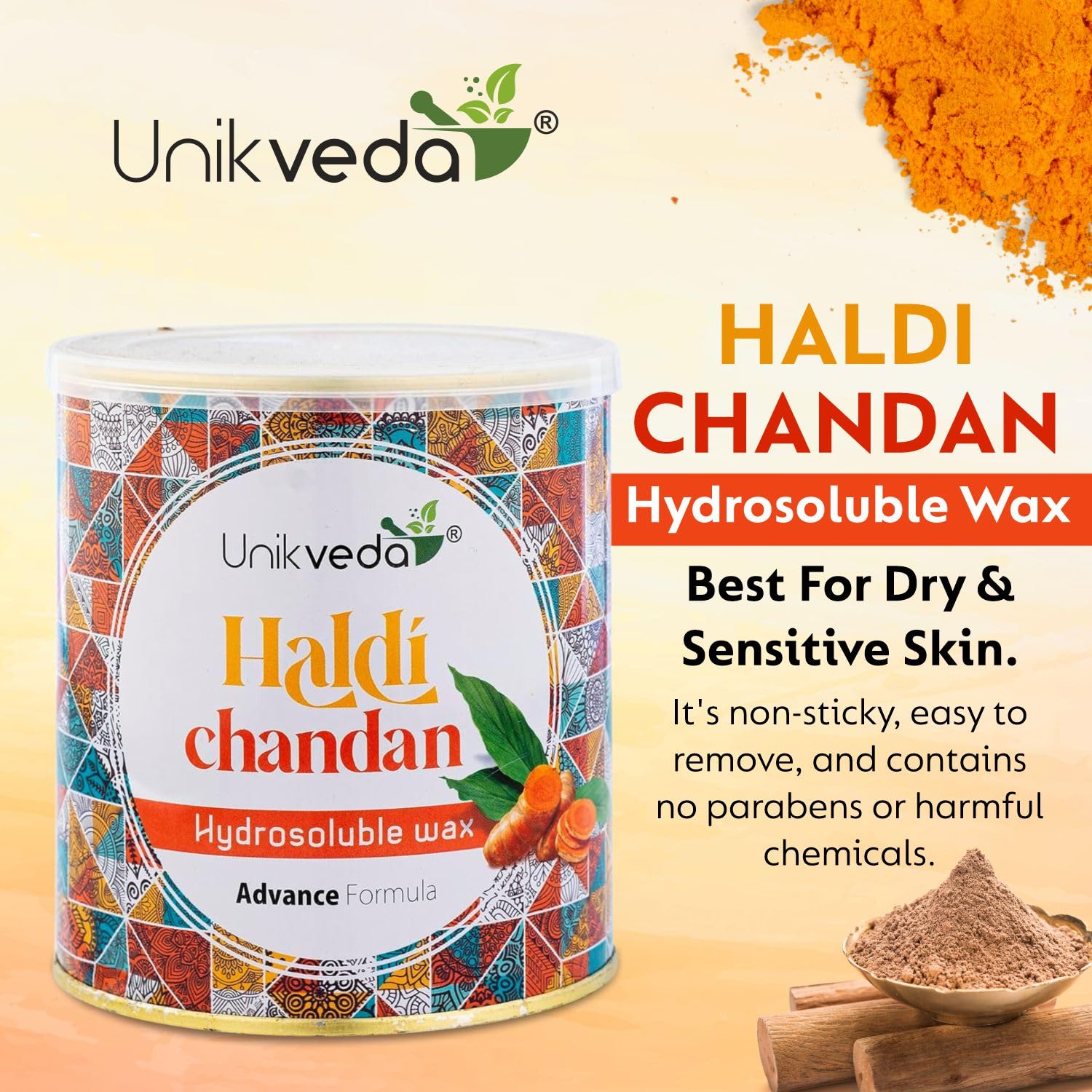 Unikveda Haldi Chandan Wax, turmeric sandalwood wax, soothing hair removal, salon waxing care, smooth skin