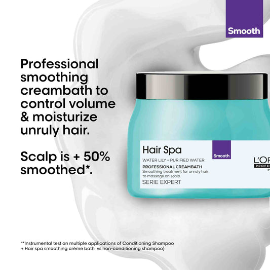 L’Oréal Professionnel Hair Spa Smoothing Creambath (490 g) for anti-frizz care and deep conditioning treatment.