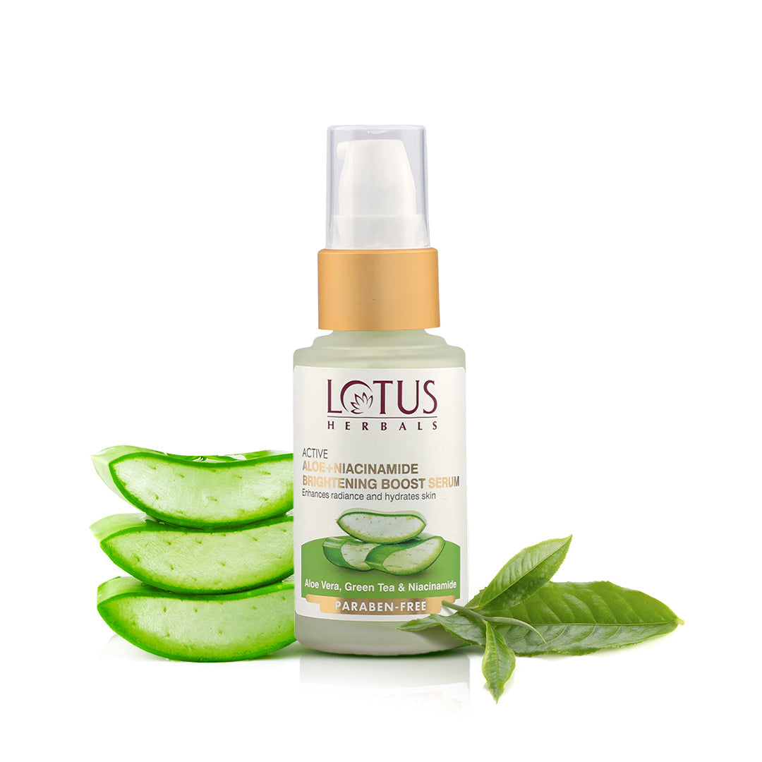 Lotus Herbals Active Aloe + Niacinamide Brightening Boost Serum, face serum, lightweight liquid texture